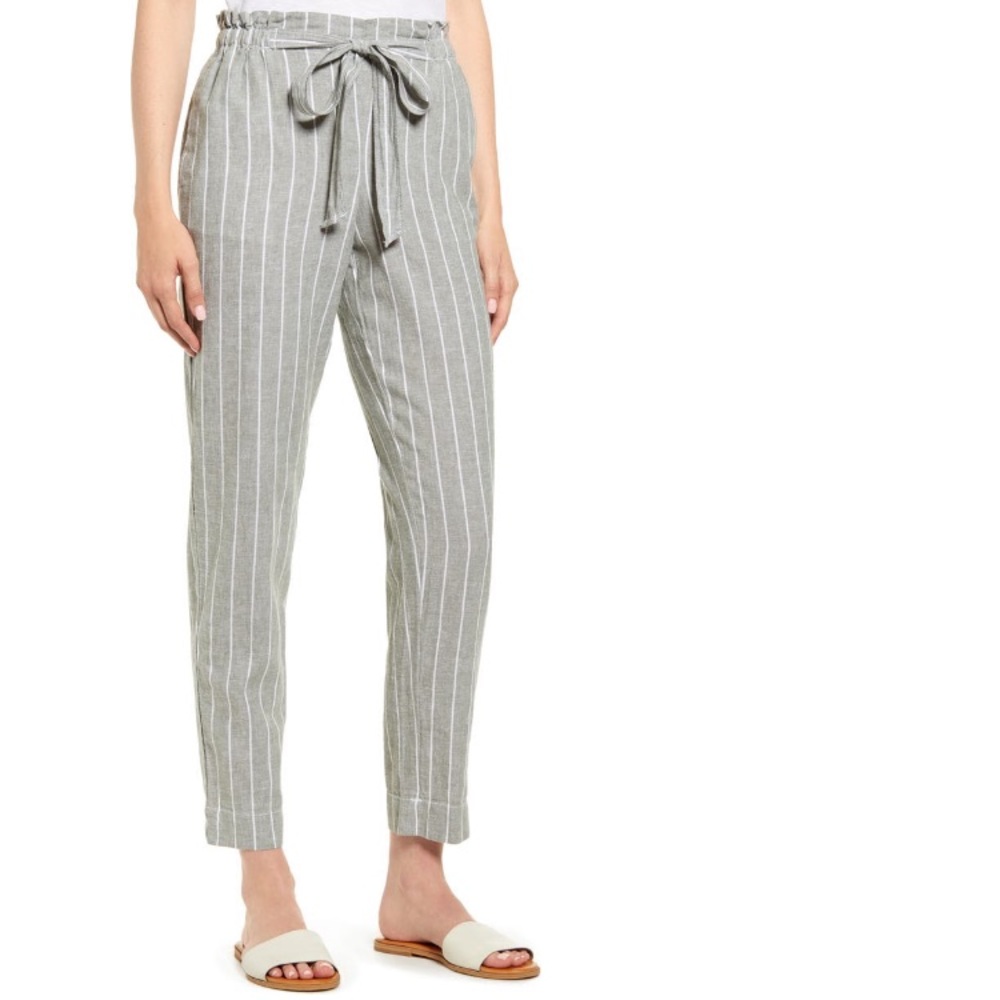 beachlunchlounge Giavanna Linen Cotton Stripe Beach Pants In Sage Green & White